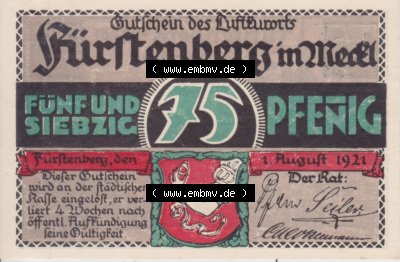 Notgeldscheine Fürstenberg, Stadt in Mecklenburg-Strelitz 1921 75 Pfennig Innerhalb dreier Seeen (1) Sammlung