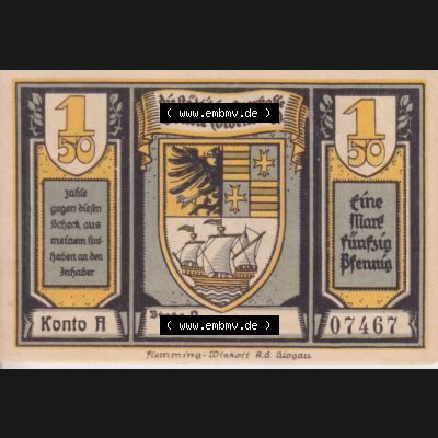 Notgeldscheine Brake, Stadtsparkasse in Oldenburg 1922, 1,50 Mark (1) Sammlung