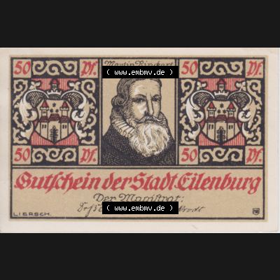 Notgeldscheine Eilenburg, Stadt in Provinz Sachsen Notgeld 1921, Martin Rinkart, 50 Pfennig 6 Sammlung