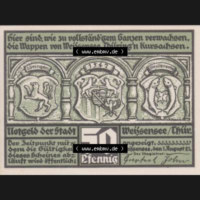 Notgeldscheine Weissensee in Thüringen, Stadt in Provinz Sachsen Notgeld 1921, 50 Pfennig (1) Sammlung