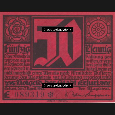 Notgeldscheine Erfurt, Stadt in Provinz Sachsen Notgeld Luther II. 1921, 50 Pfennig E rot (1) Sammlung