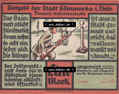 Notgeldscheine Sömmerda, Stadt in Provinz Sachsen Notgeld 1921, 1 Mark Das Bajonett sticht fürchterlich (1) Sammlung