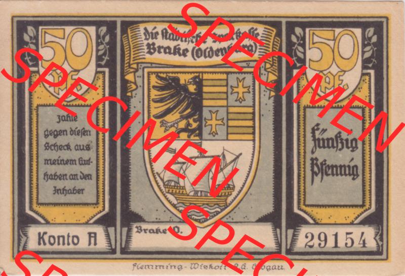 Notgeldscheine Brake, Stadtsparkasse in Oldenburg 1922, 50 Pfennig (1) Sammlung