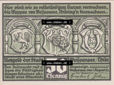 Notgeldscheine Weissensee in Thüringen, Stadt in Provinz Sachsen Notgeld 1921, 50 Pfennig (1) Sammlung