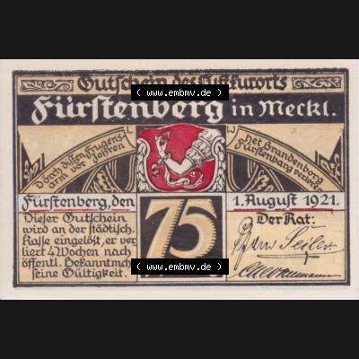Notgeldscheine Fürstenberg, Stadt in Mecklenburg-Strelitz 1921 75 Pfennig Angler in Farbe (1) Sammlung