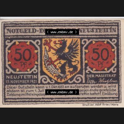 Notgeldscheine Neustettin, Stadt in Pommern Notgeld 1922, 50 Pfennig 2 Der oberste Rat (1) Sammlung