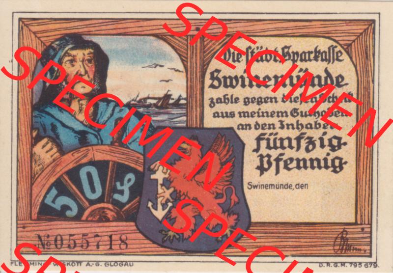 Notgeldscheine Swinemünde, Sparkasse in Pommern Notgeld Scheck 50 Pfennig (1) Sammlung