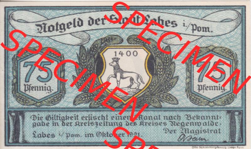Notgeldscheine Labes, Stadt in Pommern Notgeld 1921, 75 Pfennig (1) Sammlung