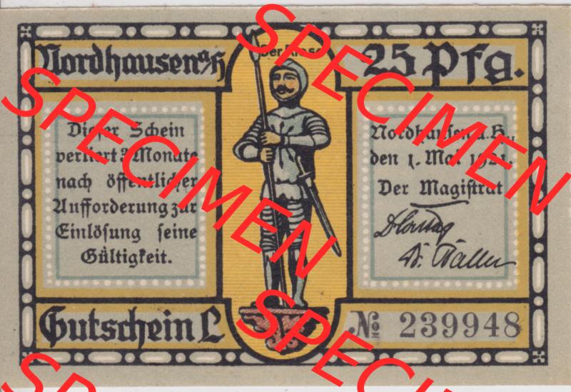 Notgeldscheine Nordhausen, Stadt in Provinz Sachsen Notgeld 1921 25 Pfennif L Stadtbefestigung (1) Sammlung