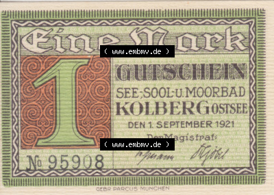 Notgeldscheine Kolberg, Stadt in Pommern Notgeld Persönlichkeiten, 1 Mark See-Sool Moorbad (1) Sammlung