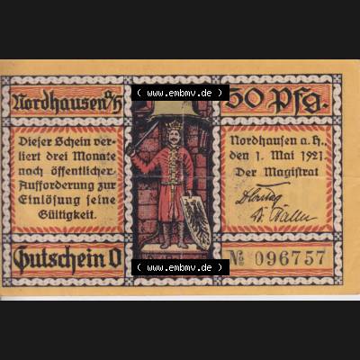 Notgeldscheine Nordhausen, Stadt in Provinz Sachsen Notgeld 1921, 50 Pfennig Finkenburg (1) Sammlung
