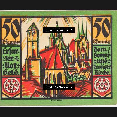 Notgeldscheine Erfurt, Stadt in Provinz Sachsen Notgeld Dom 1921, Dom-Serie 50 Pfennig Dom Prediger (1) Sammlung