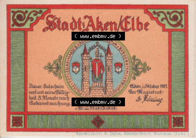Notgeldscheine Aken, Stadt in Provinz Sachsen Notgeld 1921, 50 Pfennig Früher warst im ganzen Land (1) Sammlung