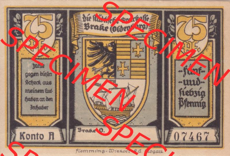 Notgeldscheine Brake, Stadtsparkasse in Oldenburg 1922, 75 Pfennig (1) Sammlung