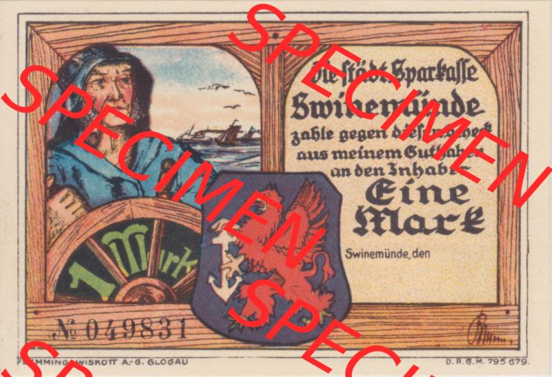 Notgeldscheine Swinemünde, Sparkasse in Pommern Notgeld Scheck, 1 Eine Mark (1) Sammlung