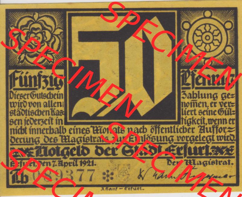 Notgeldscheine Erfurt, Stadt in Provinz Sachsen Notgeld Luther II. 1921, 50 Pfennig TH gelb (1) Sammlung