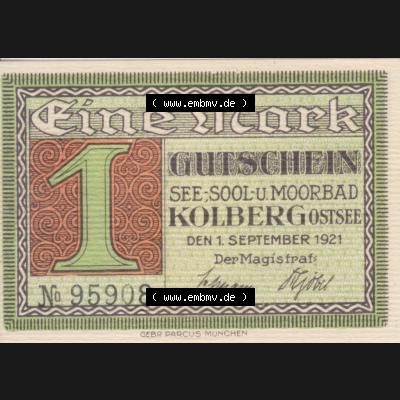Notgeldscheine Kolberg, Stadt in Pommern Notgeld Persönlichkeiten, 1 Mark See-Sool Moorbad (1) Sammlung