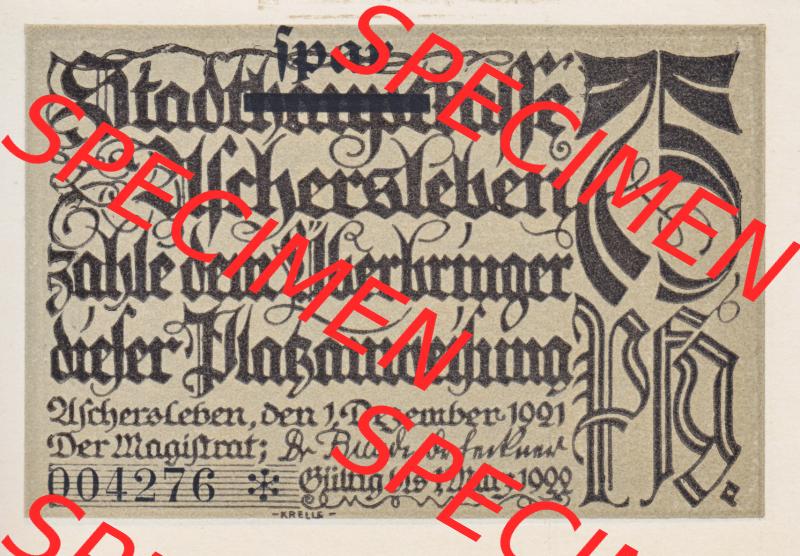 Notgeldscheine Aschersleben, Stadt in Provinz Sachsen Notgeld 1921, Serie 2, 75 Pfennig Viel Korn verdirbt im deutschen Land (1) Sammlung
