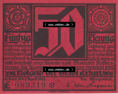 Notgeldscheine Erfurt, Stadt in Provinz Sachsen Notgeld Luther II. 1921, 50 Pfennig E rot (1) Sammlung