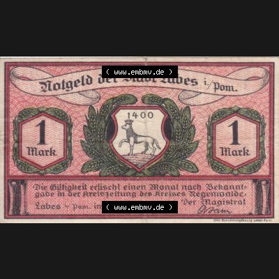 Notgeldscheine Labes, Stadt in Pommern Notgeld 1921, 1 Mark (1) Sammlung