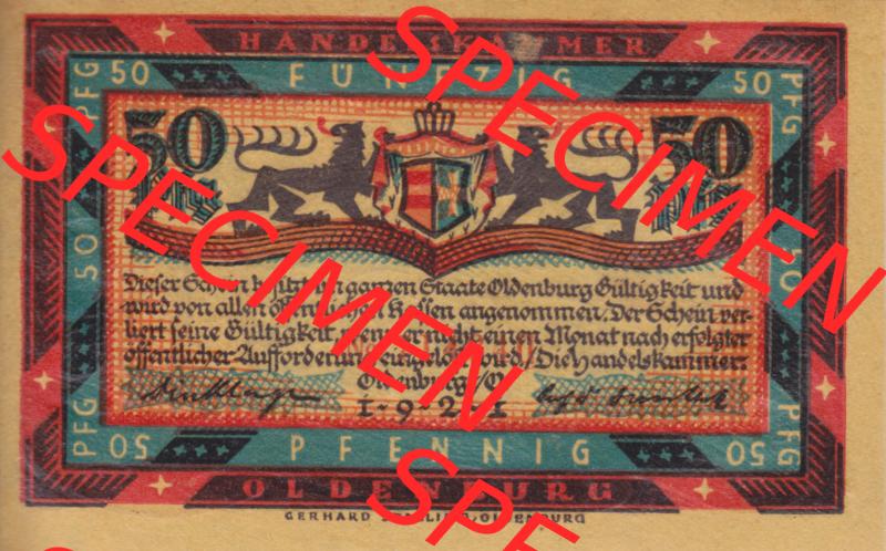 Notgeldscheine Handelskammer in Oldenburg 1921, 50 Pfennig Schleudert den fremden Kiel der Sturm (1) Sammlung
