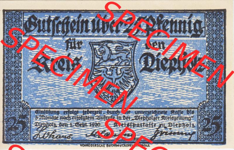 Notgeld Diepholz, Kreis im Land Hannover 1920, 25 Pfennig (1). Deutsches Notgeld Kreis Diepholz im Land Hannover im online Katalog zum katalogisieren, kategorisieren... Sammlung