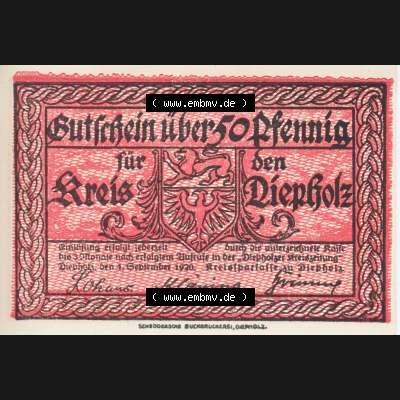 Notgeld Diepholz, Kreis im Land Hannover 1920, 50 Pfennig (1). Deutsches Notgeld Kreis Diepholz im Land Hannover im online Katalog zum katalogisieren, kategorisieren... Sammlung
