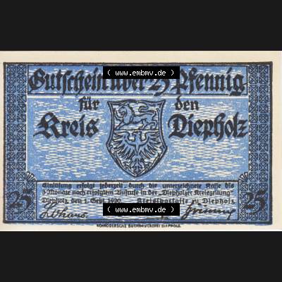 Notgeld Diepholz, Kreis im Land Hannover 1920, 25 Pfennig (1). Deutsches Notgeld Kreis Diepholz im Land Hannover im online Katalog zum katalogisieren, kategorisieren... Sammlung