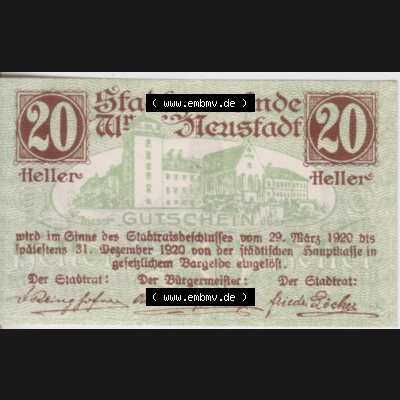 Notgeldscheine Niederösterreich Wiener-Neustadt, Stadt-Gemeinde 1920, 20 Heller. Vorderseite des Notgeldscheins im online Katalog auf EMBMV zum katalogisieren der eigenen Sammlung... Sammlung