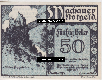 Notgeldscheine Niederösterreich Aggstein 1920, 50 Heller. Vorderseite des Notgeldscheins im online Katalog auf EMBMV zum katalogisieren... Sammlung