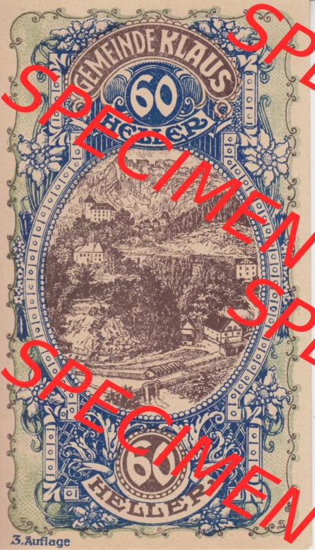Notgeldscheine Vorarlberg Klaus 1920, I 60 Heller, 3. Auflage Ortsansichten (1) Sammlung