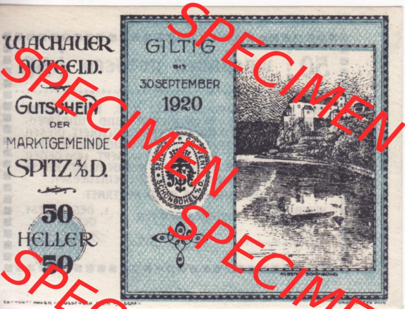 Notgeldscheine Niederösterreich Spitz Wachauer Notgeld 1920, I. 50 Heller. Vorderseite des Notgeldscheins im online Katalog auf EMBMV zum katalogisieren der eigenen Sammlung für... Sammlung