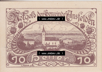 Notgeldscheine Oberösterreich Ansfelden Ortsgemeinde 1920, 10 Heller. Vorderseite des oberösterreichischen Notgeldscheins im... Sammlung