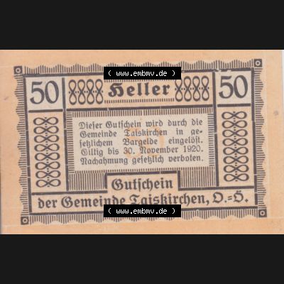 Notgeldscheine Niederösterreich Gemeinde Traiskirchen 1920, 50 Heller II. Vorderseite des Notgeldscheins im online Katalog auf EMBMV zum katalogisieren der eigenen Sammlung für private... Sammlung
