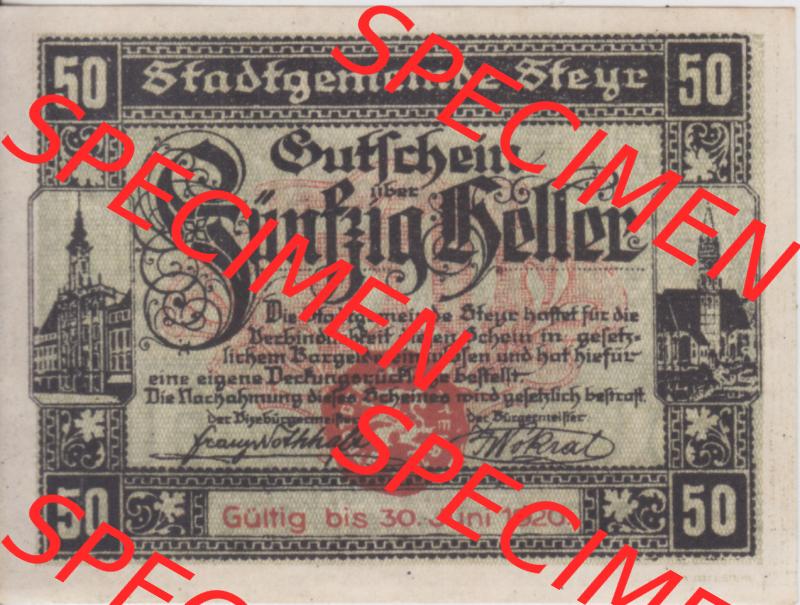 Notgeldscheine Oberösterreich Steyr 1919-1920, 50 Heller (1). Notgeld Oberösterreich Steyr, Notgeldscheine aus Oberösterreich im online Katalog für private... Sammlung