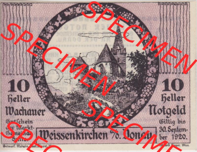 Notgeldscheine Niederösterreich Weissenkirchen in der Wachau, Wachauer Notgeld 1920, 10 Heller. Vorderseite des Notgeldscheins im online Katalog auf EMBMV zum katalogisieren der... Sammlung