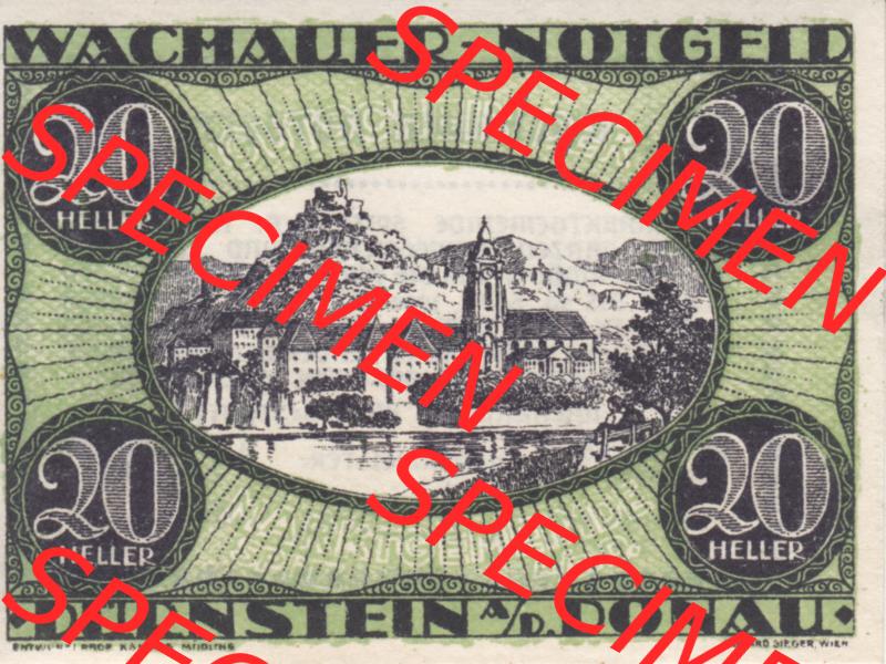 Notgeldscheine Niederösterreich Dürnstein 1920, 20 Heller. Vorderseite des Notgeldscheins im online Katalog auf EMBMV zum katalogisieren der eigenen Sammlung für private Sammler... Sammlung