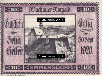 Notgeldscheine Niederösterreich Emmersdorf Wachauer Notgeld 1920, 10 Heller. Vorderseite des Notgeldscheins im online Katalog... Sammlung