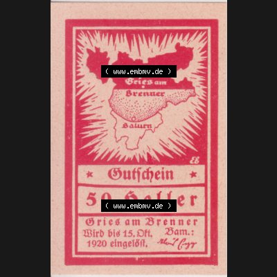 Notgeldscheine Tirol Gries am Brenner1920, 50 Heller (1) Sammlung