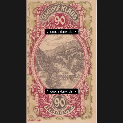 Notgeldscheine Vorarlberg Klaus 1920, I 90 Heller, 3. Auflage Ortsansichten (1) Sammlung