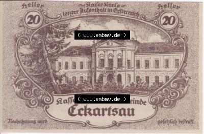 Notgeldscheine Niederösterreich Eckartsau 1920, 20 Heller. Vorderseite des Notgeldscheins im online Katalog auf EMBMV zum katalogisieren... Sammlung