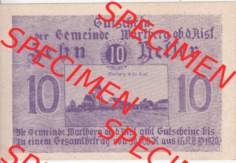 Notgeldscheine Oberösterreich Wartberg ob der Aist 1920-1920, 10 Heller violett (1). Notgeld Oberösterreich Gutschein der Gemeinde Wartberg ob der Aist, Notgeldscheine... Sammlung