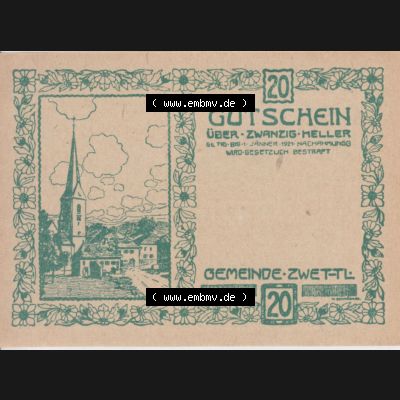Notgeldscheine Oberösterreich Zwettl Mühlkreis 1920-1921, 20 Heller grün (1). Notgeld Oberösterreich Gemeinde Zwettl Mühlkreis, Notgeldscheine aus... Sammlung