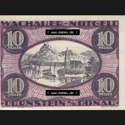 Notgeldscheine Niederösterreich Dürnstein 1920, 10 Heller. Vorderseite des Notgeldscheins im online Katalog auf EMBMV zum katalogisieren der eigenen Sammlung für private Sammler... Sammlung