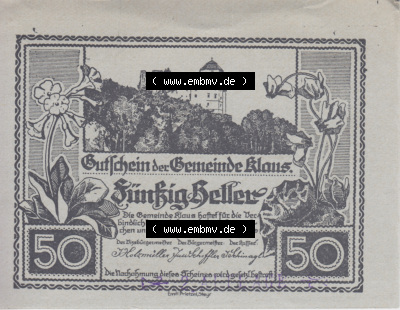 Notgeldscheine Vorarlberg Klaus 1920, 50 Pfennig, 2. Auflage (1) Sammlung