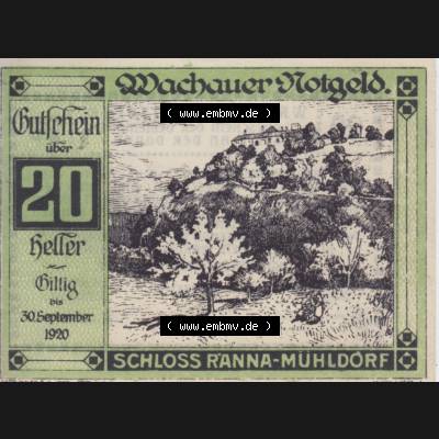 Notgeldscheine Niederösterreich Schloss Ranna-Mühldorf 1920, 20 Heller. Vorderseite des Notgeldscheins im online Katalog auf EMBMV zum katalogisieren der eigenen Sammlung für... Sammlung