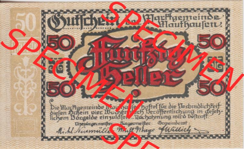 Notgeldscheine Oberösterreich Mauthausen 50 Heller II. Vorderseite des oberösterreichischen Notgeldscheins im online Katalog auf EMBMV zum katalogisieren der eigenen Notgeld-Sammlung Oberösterreich... Sammlung