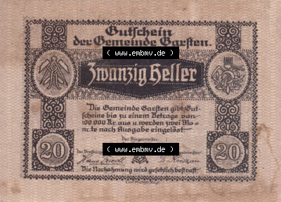 Notgeldscheine Oberösterreich Gemeinde Garsten 20 Heller. Vorderseite des oberösterreichischen Notgeldscheins im online Katalog... Sammlung