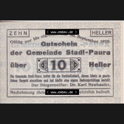 Notgeldscheine Oberösterreich Stadl-Paura 1920, I 10 Heller (1). Notgeld Oberösterreich Stadl-Paura, Notgeldscheine aus Oberösterreich im online Katalog für... Sammlung