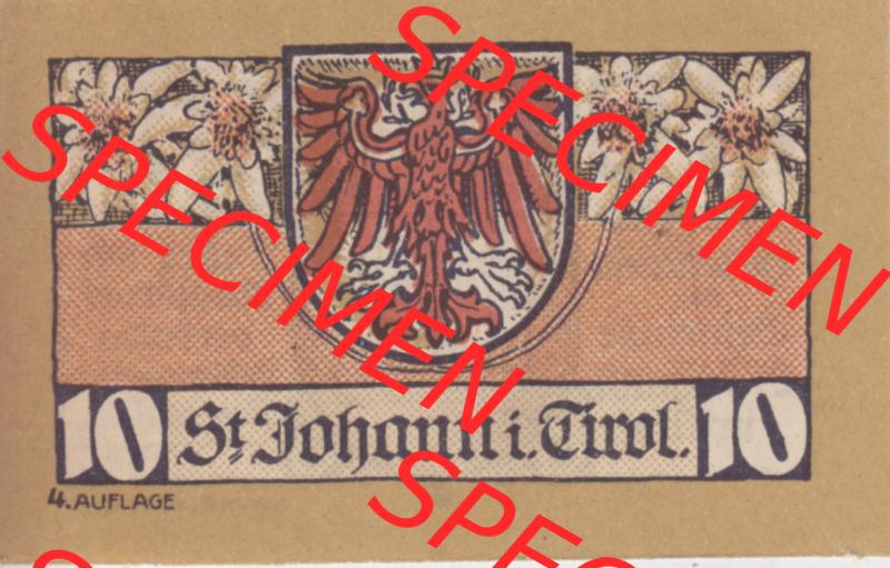 Notgeldscheine Tirol Sankt Johann in Tirol 1921, Auflage 4. 10 Heller (1) Sammlung